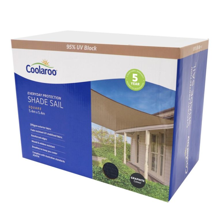 Coolaroo Everyday Shade Sail - 5.4m Square - Graphite (205gsm) | Blinds ...